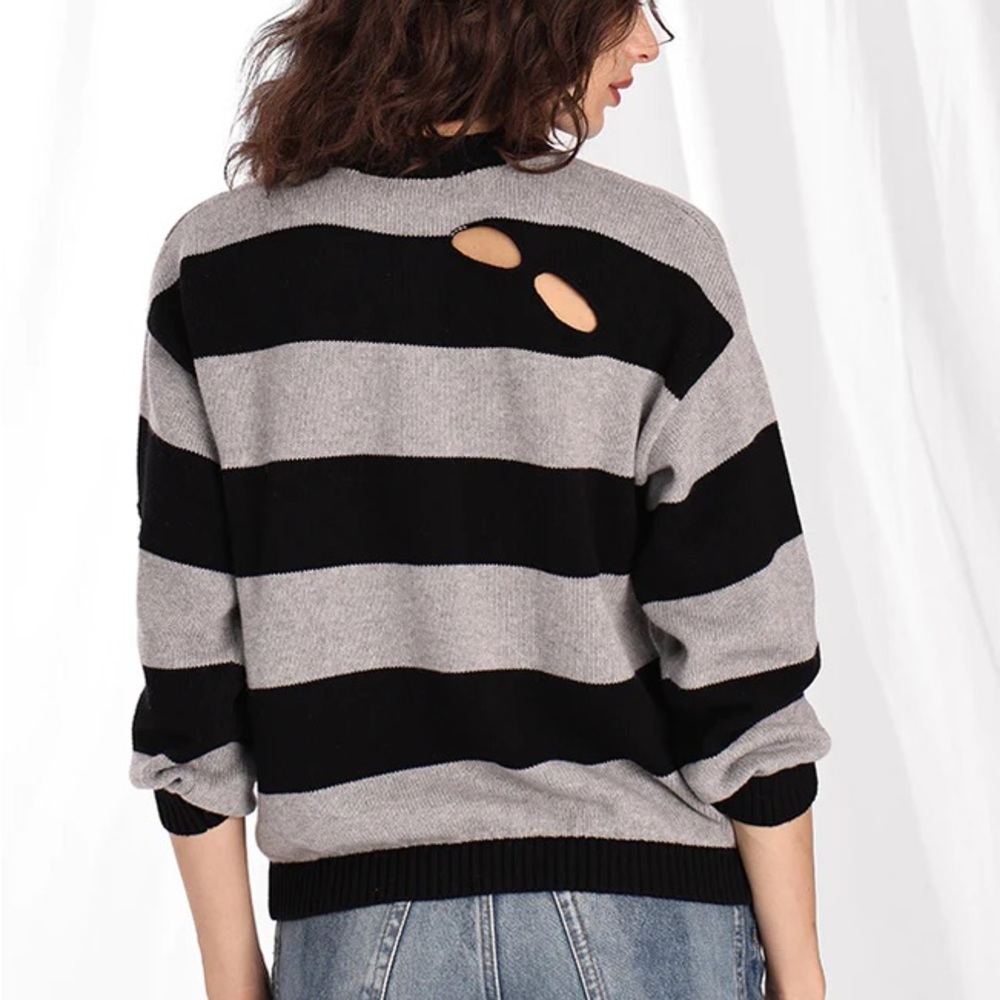 MINNIEROSE COTTON CASHMERE striped crew with cutouts